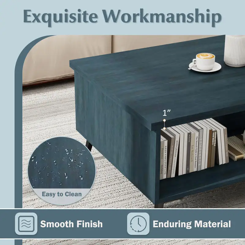 

2-Tier Mid Century Modern Coffee Table with Storage Shelves Compartments-Blue