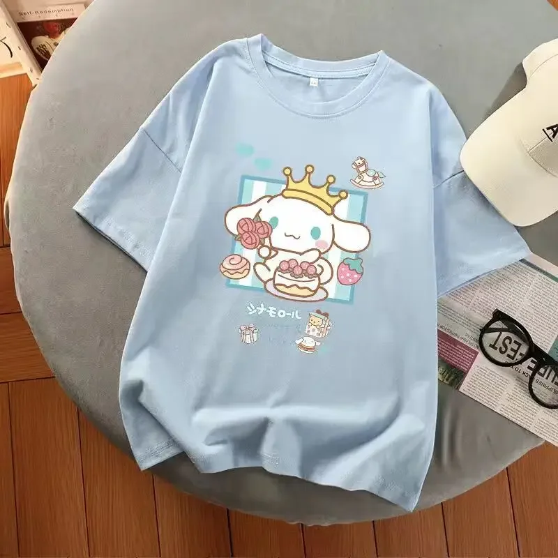 Sanrio-Camisetas estampadas Multicolor Cinnamoroll para mujer, Top Kawaii Y2k, camiseta estética Harajuku de gran tamaño, ropa para mujer