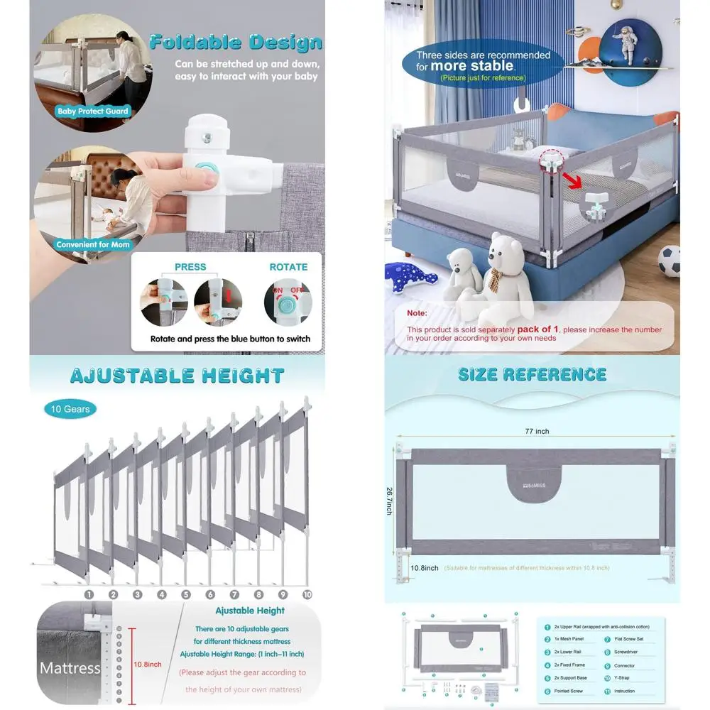 

77 Adjustable Toddler Bed Rail for Twin, Double, Queen & King Mattresses (Gray/White)