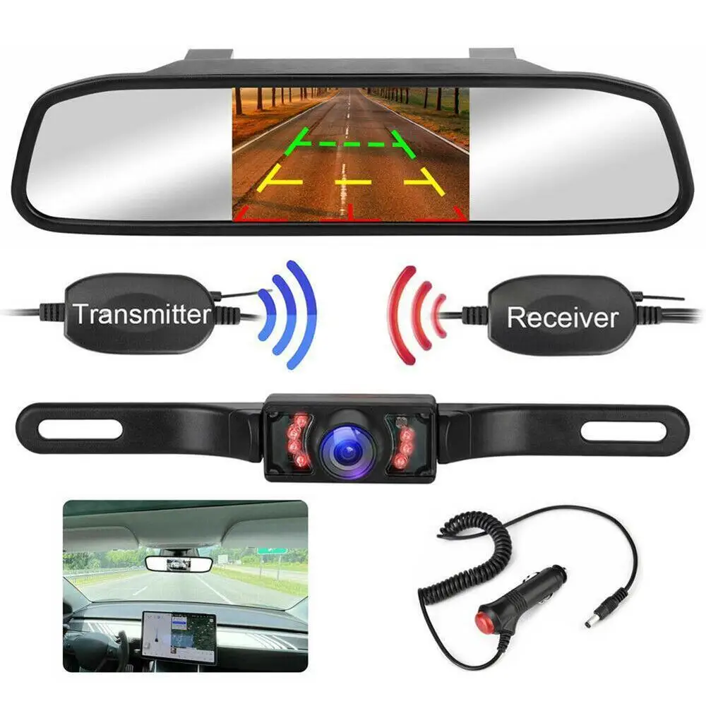 

5inch Rearview Mirror Car Display License Plate Night Vision Camera Wireless Kit