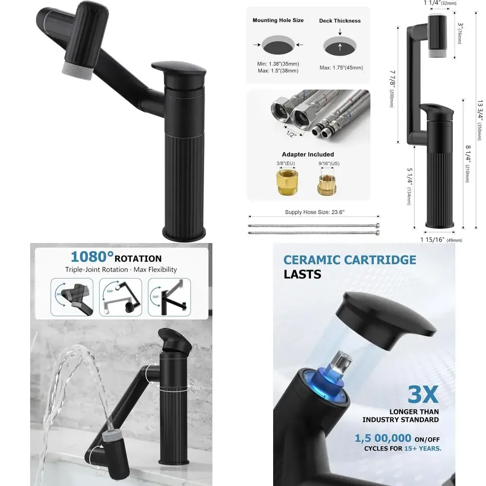 صنبور حمام بفتحة واحدة قابل للدوران مع أوضاع مياه مزدوجة لأحواض الغرور، مناسب للحمام وغرفة الغسيل، أسود غير لامع #1