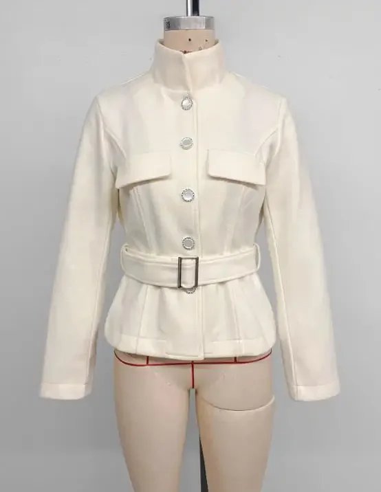 

Women Fashion Autumn and Winter New Style Waist Belt Waist Cinched Stand Collar Temperament Woolen Coat Women's Clothing