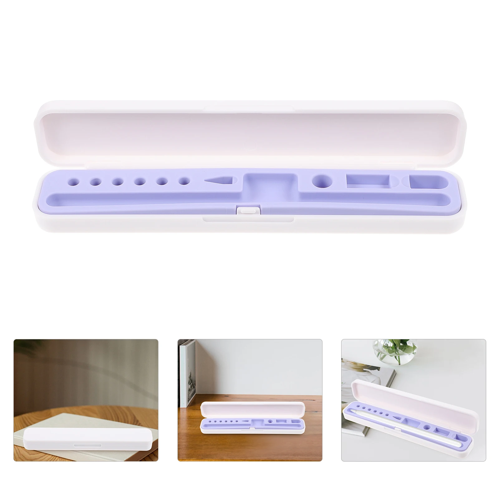 

1pc Box Purple Matte Finish Compact For Pencil 1/2 Silicone Lining Portable Storage Case Pencil Holder Tablet Accessories