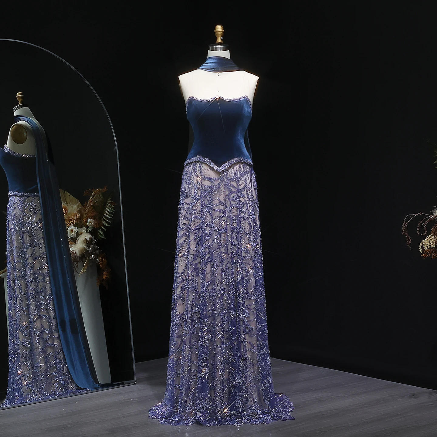 Sharon Said Luxury Beaded Blue Velvet Two Pieces Evening Dress with Scarf Arabic Women Wedding Guest Party Gown SS793 Customized image 2
