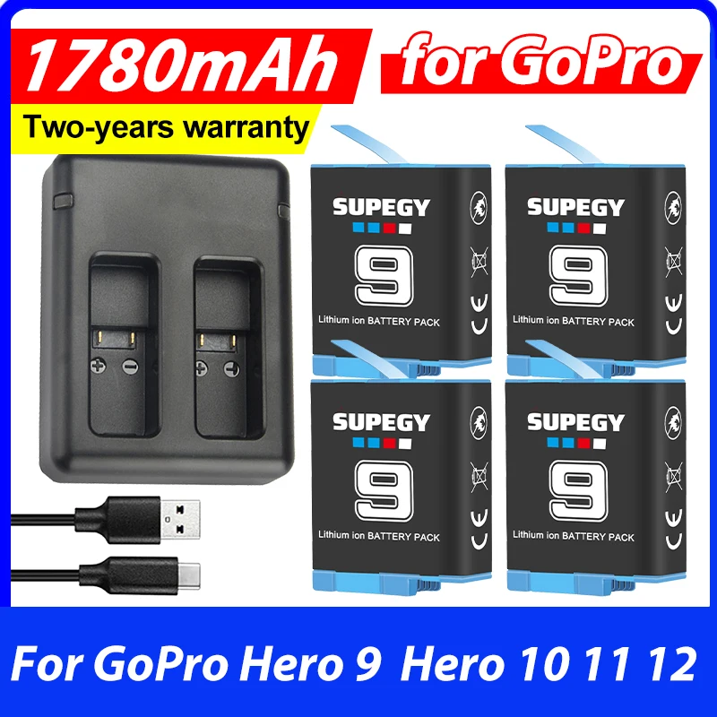 SUPEGY Battery 1780mAh for GoPro Hero9  Hero 10 11 12 Cameras + 2-Slots USB Charger Black with Battery Storage