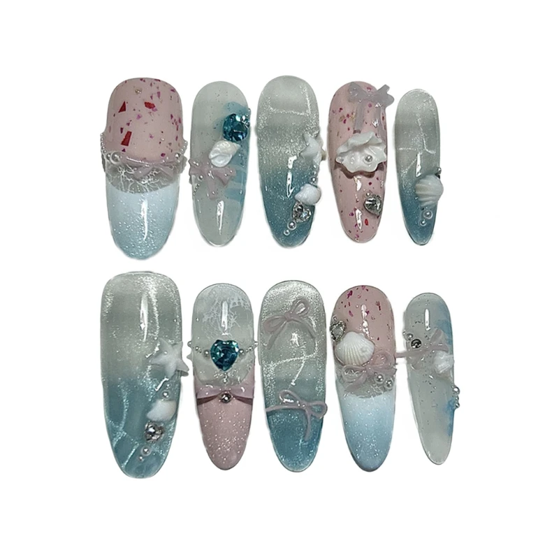 10 pezzi estate oceano acqua ondulazione francese fatto a mano stampa sulle unghie rosa blu carino fiocco 3D glitter unghie finte rimovibili riutilizzabili