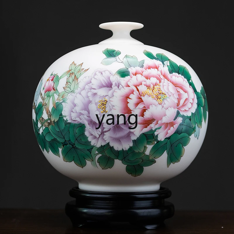 LXL White Jade Porcelain Hand Painted Peony Vase Chinese High-End Decoration Decoration Gifts