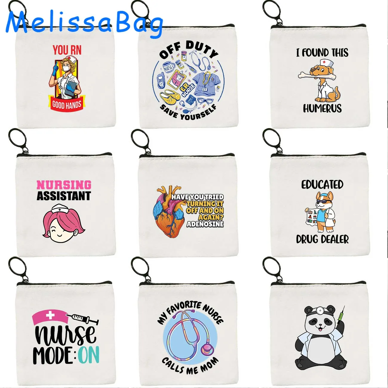 Nurse Doctor Medical Funny Printed Cute Gifts Paramedic Medicine Canvas Coin Purse Key Case Card Storage Bag Wallet Zipper Pouch