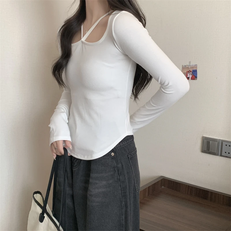 Korean Fashion Y2K T-shirt Woman Long Sleeve Crop Top Women Slim Hollow Out Tee Shirt Femme Solid Clothes Women Tshirt Autumn