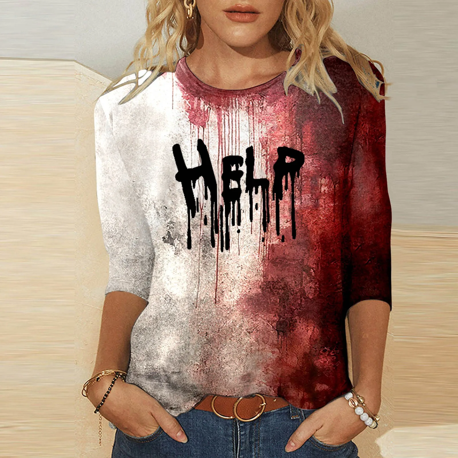 Halloween Help Bloody Printed T-shirt 3/4 Sleeve Round Neck Blood Letter Print Tee Shirt Women Comfortable Casual Pullover Tops