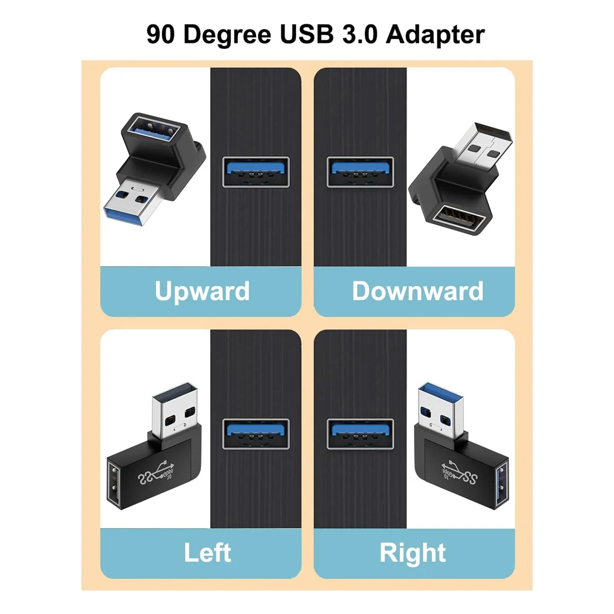 4 Pack USB 3.0 Adapter Vertical Up and Down Angle, Horizontal Left and Right Angle USB Male to Female Extender Connector