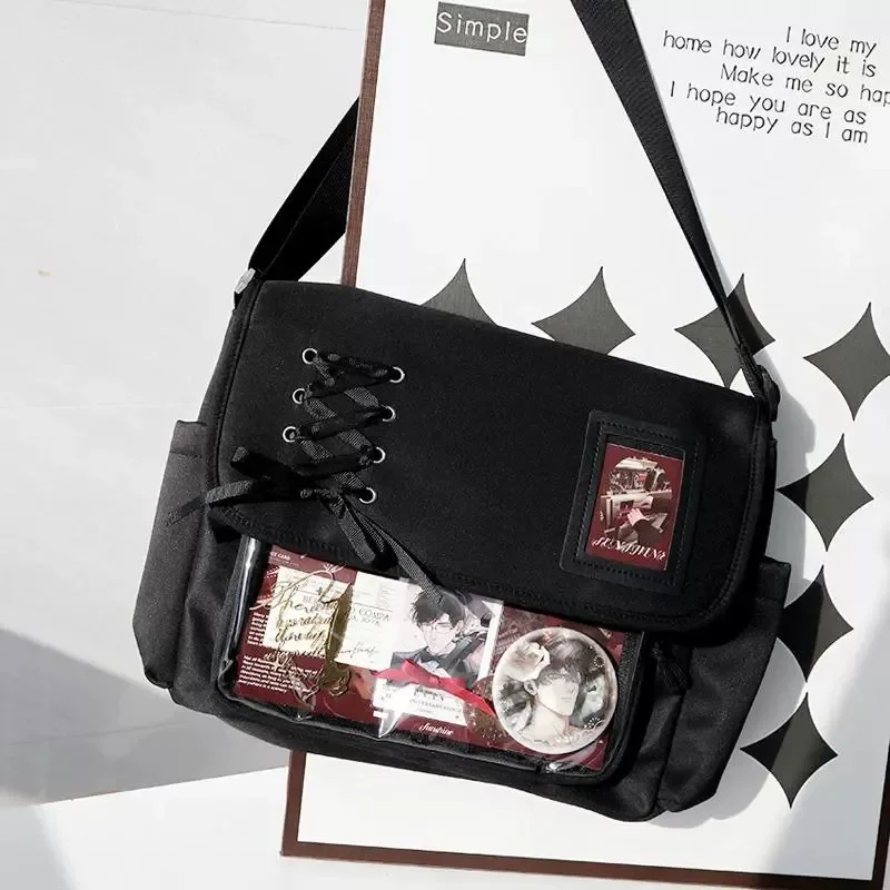 Y2K Japanese Style Ita Bag – Black Lace-Up Messenger Shoulder Bag 