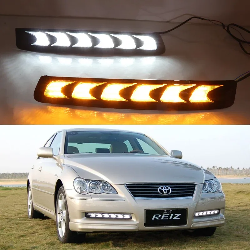 

LED DRL Daylights For Toyota Mark X 2004 - 2009 Reiz Auto Yellow Dynamic Turn Signal Daytime Running Headlights Front Fog Lamps