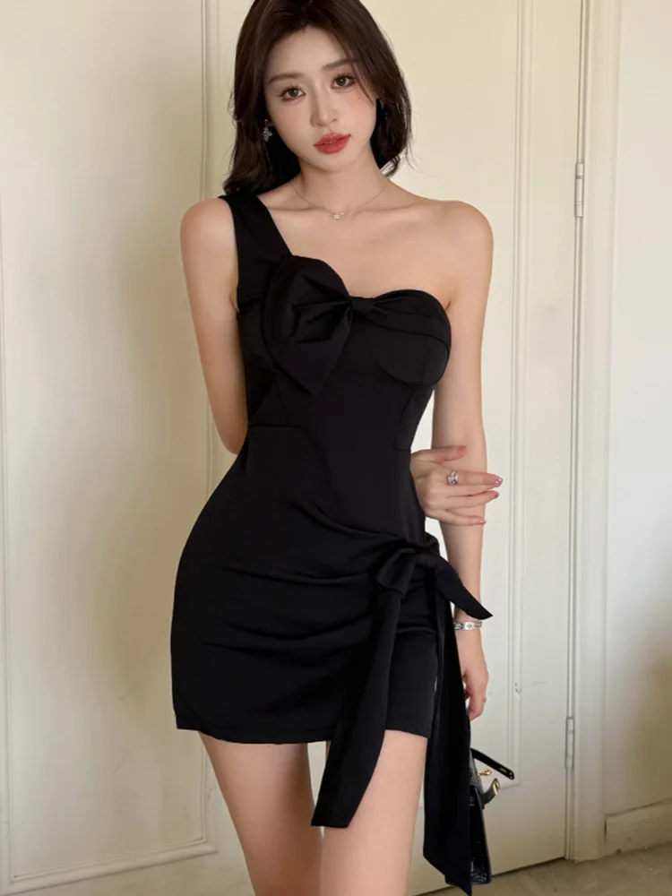 

Bow Strapless Sexy Dress Women Sleeveless Lnclined Shoulder Advanced Mini Dress Solid High Waist Slim Dinner Night Vestidos