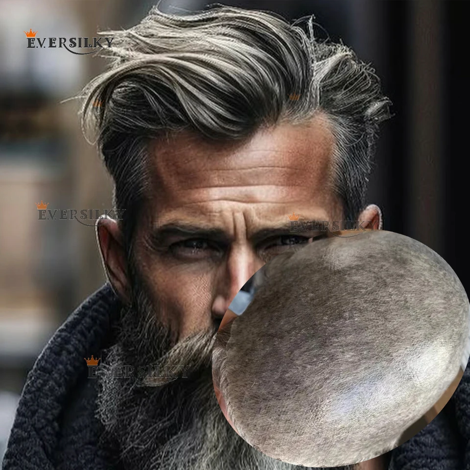 

1b40 1b50 Grey Men Toupee Undetectable Old Man's Wigs Hairpieces Super Durable 100% Human Hair System Brown Full Skin Prosthesis