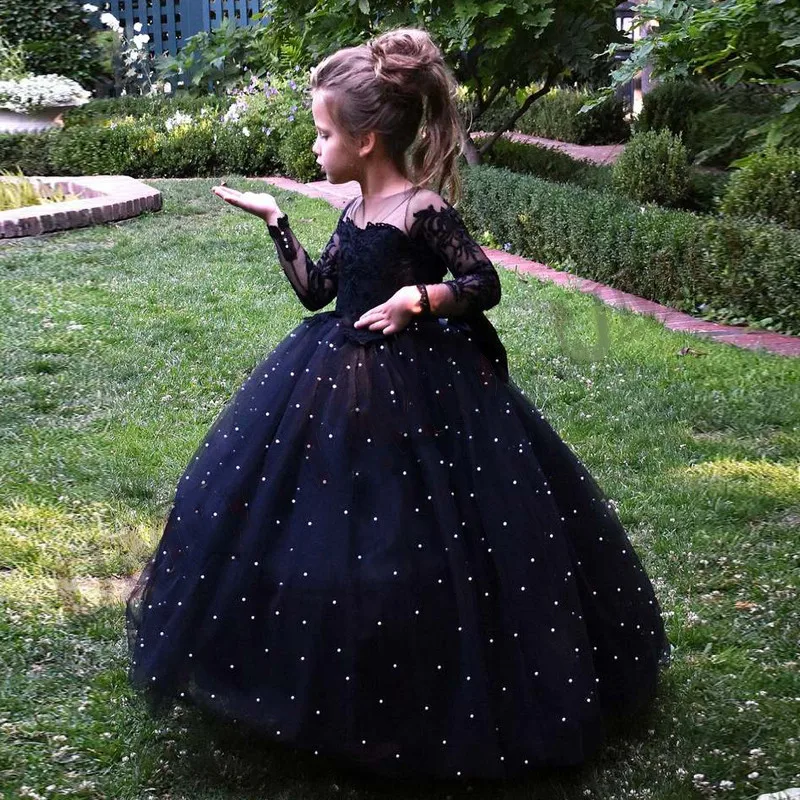 

Navy Blue Long Appliques Child Girl Wedding Party Dresses Pearls Full Sleeves Birthday Ball Gown for Kids Pageant Formal