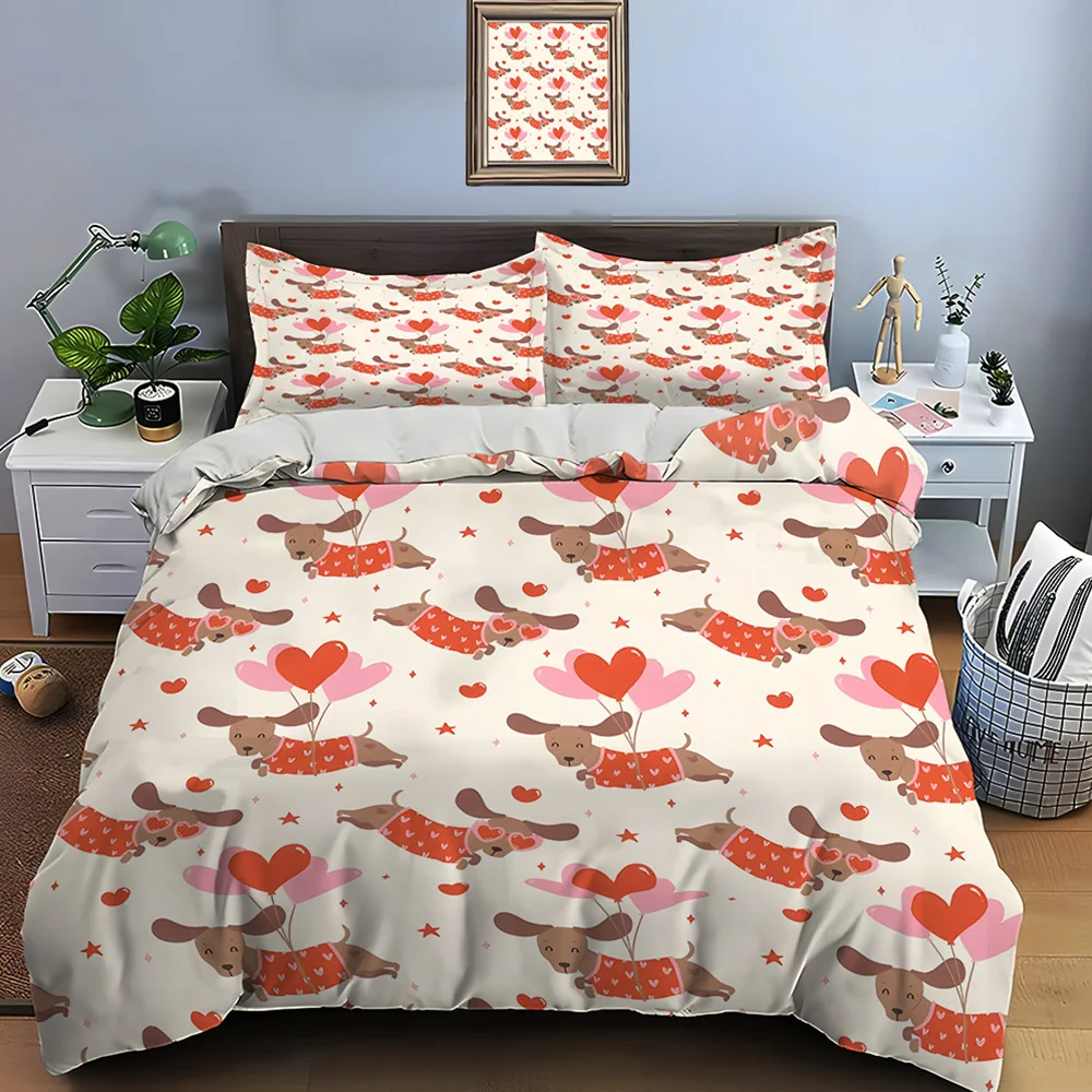Cute dachshund and heart-shaped balloons Bedding Set for Kids Luxury Gift 3pcs Digital Print Comforter Set Soft Comfortable