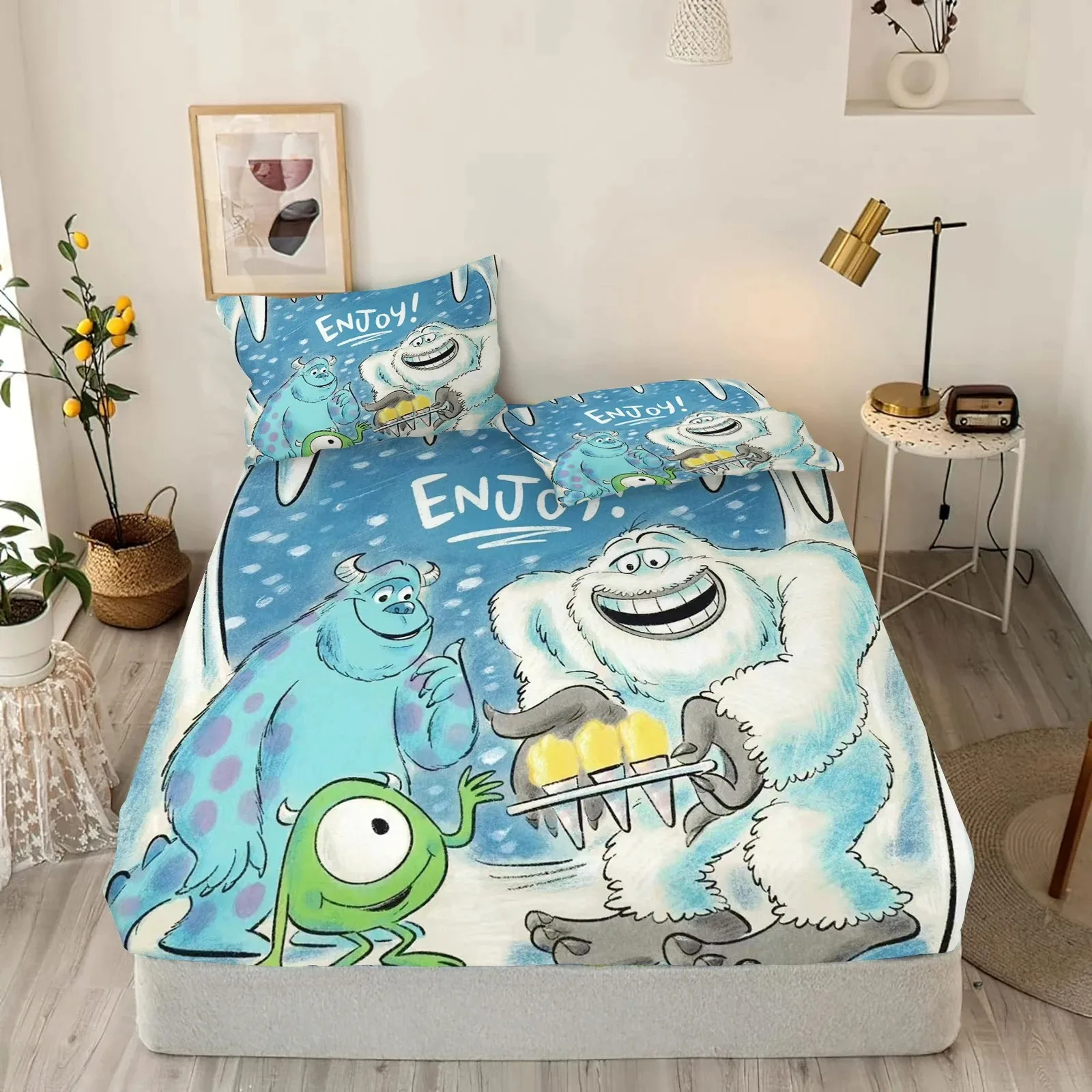 Cartoon Monster Electric Company Fitted Sheet, Cute Print, Bedroom Printed Bedspread, Bedding Set (1/2 Pillowcase)