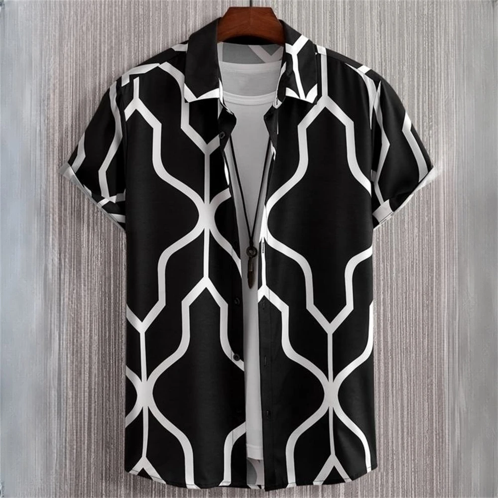 3d Geometrie Heren Shirts Kleur Blok Graphics Modieus Korte Mouw Revers Hawaiian Blouse Shirts Voor Heren Zomer