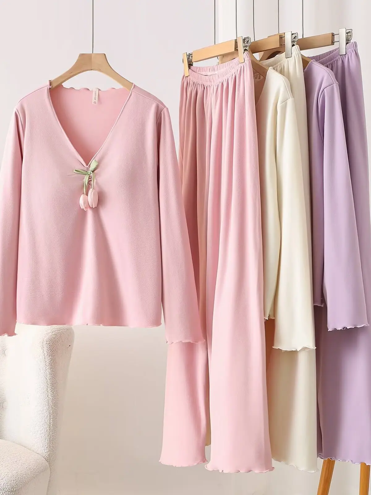 Loose V-Neck Long Sleeve Home Clothes Set plus Size Women's Fashionable Sleepwear Trendy Korean Style Autumn Collection