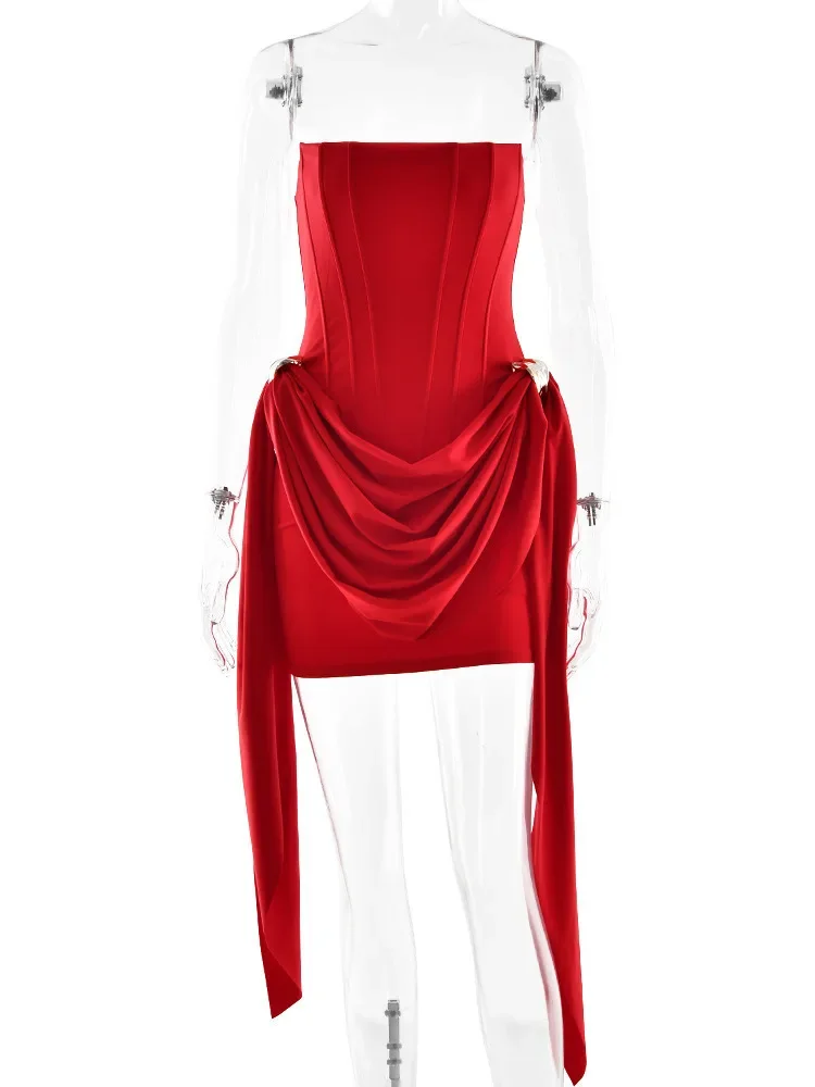 Chaxiaoa Sexy Strapless Tight Backless Fishbone Dress Women Elegant Belt Ribbon Party Evening Dress Christmas Wedding Outfit