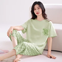Newest Summer Casual Pajamas Set Women 100% Cotton Sleepwear Female Short Top+Calf-Length Pant Pyjamas - Image 6