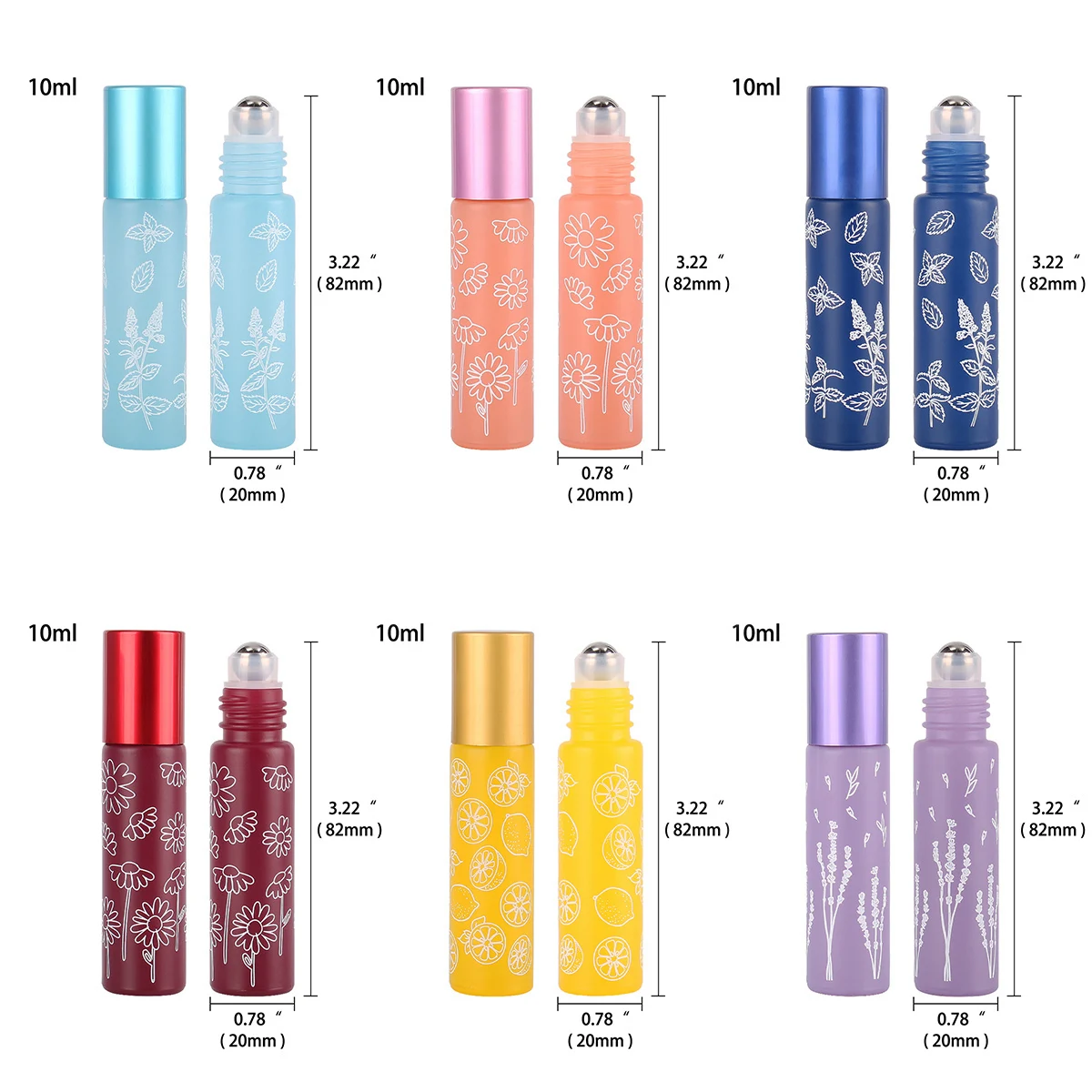 6 Colors/set 10ml Glass Roll on Refillable Bottles with Stainless Steel Roller Ball Essential Oils Travel Cosmetic Accessories