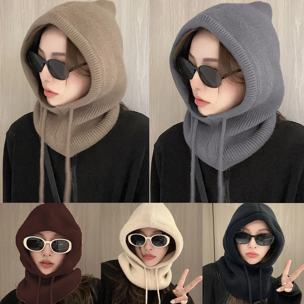 Women Windproof Hooded Scarf Hats Skullies Solid Color Knitted Pullover Drawstring Balaclava Winter Warm Hat Beanie Cap