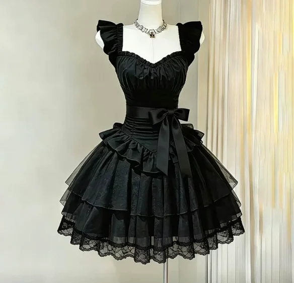 Gothic Dark Lolita Elegant Girl Short Sleeve Dress Women Summer New Slim Fit Sweet Bow Versatile Personality Princess Dresses