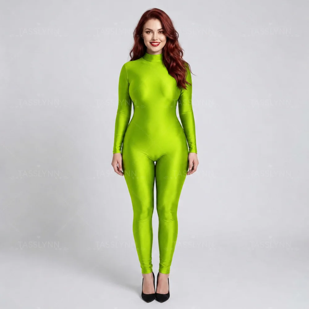 Women Solid Color Curvy High Neck Long Sleeve Catsuit Stretch Elastane Bodysuit, Cosplay Base Layer Portrait Shooting Costume view 5