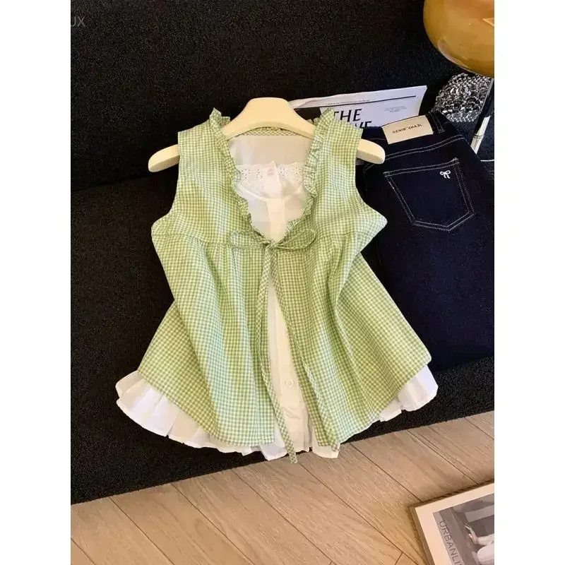 Camisas De Mujer Summer Fake Two Blouses Women's Clothing Bow Sleeveless Loose Shirts Ruffles Patchwork Plaid Sweet Blouse Tops