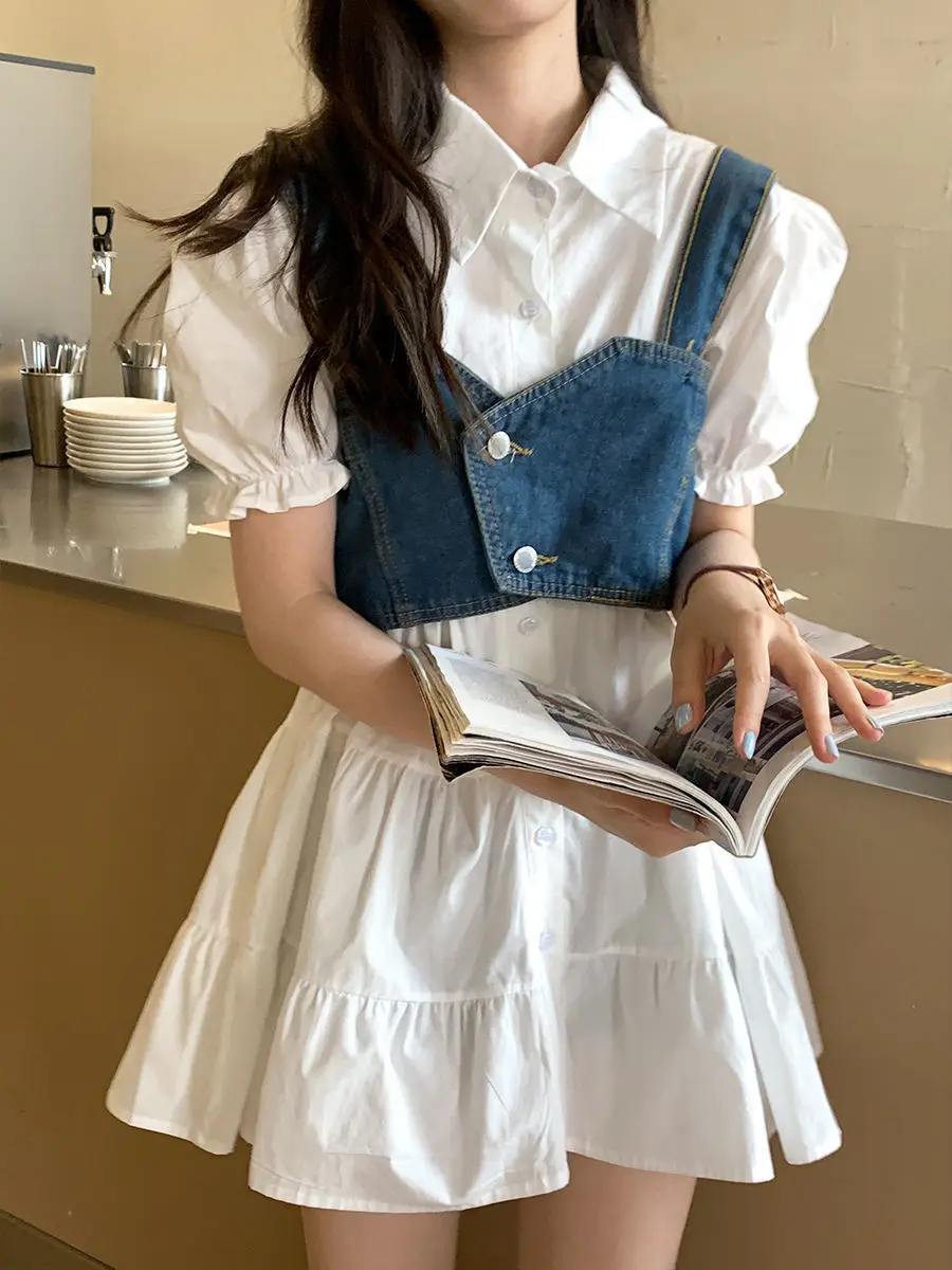 2023 Summer Dress Set Korean Fashion Shirt Dress Denim Tank Tops 2pcs Set Sweet Bubble Sleeve Cute Mini Skirt Y2k Dress