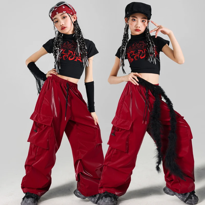 Hip Hop Mädchen Quasten Crop Top T-shirt Leder Hosen Street Dance Röcke Kinder K-pop Streetwear Kinder Jazz Kleidung Set kostüm