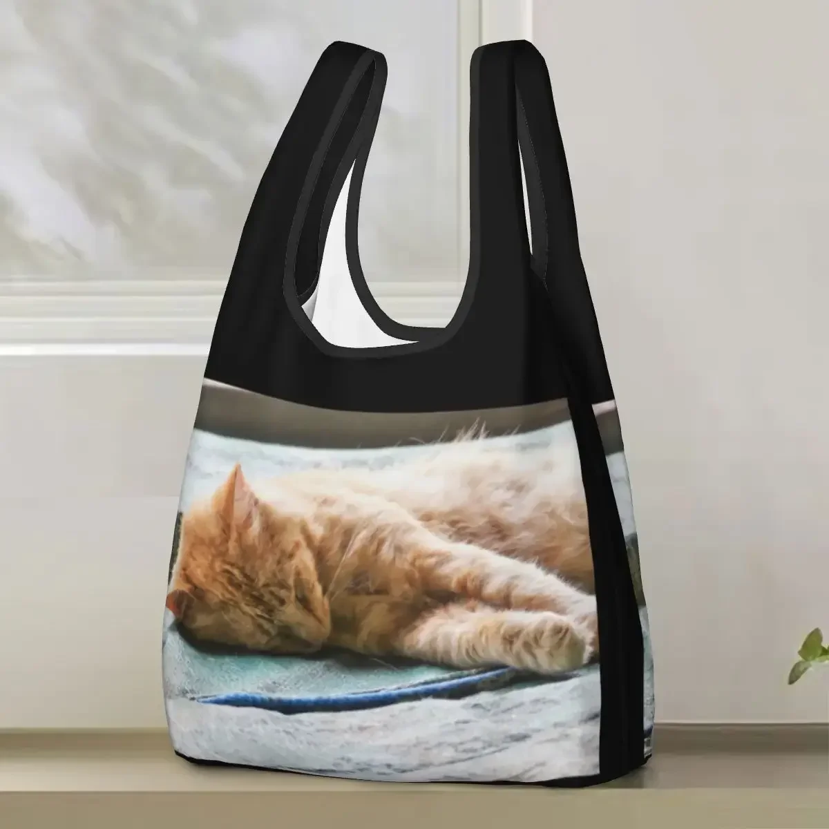 Sleeping Longhaired Ginger Cat Shopping Bag Portable Tote Bags Reusable Shoulder Shopper Bag Groceries Handbag