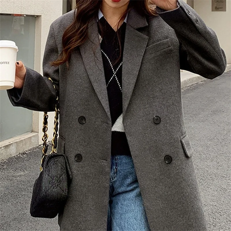 Double-breasted Suit Woolen Coat Women Winter 2026 New Korean Wool Jacket High-quality Outwear Temperament Lapel Overwear Female