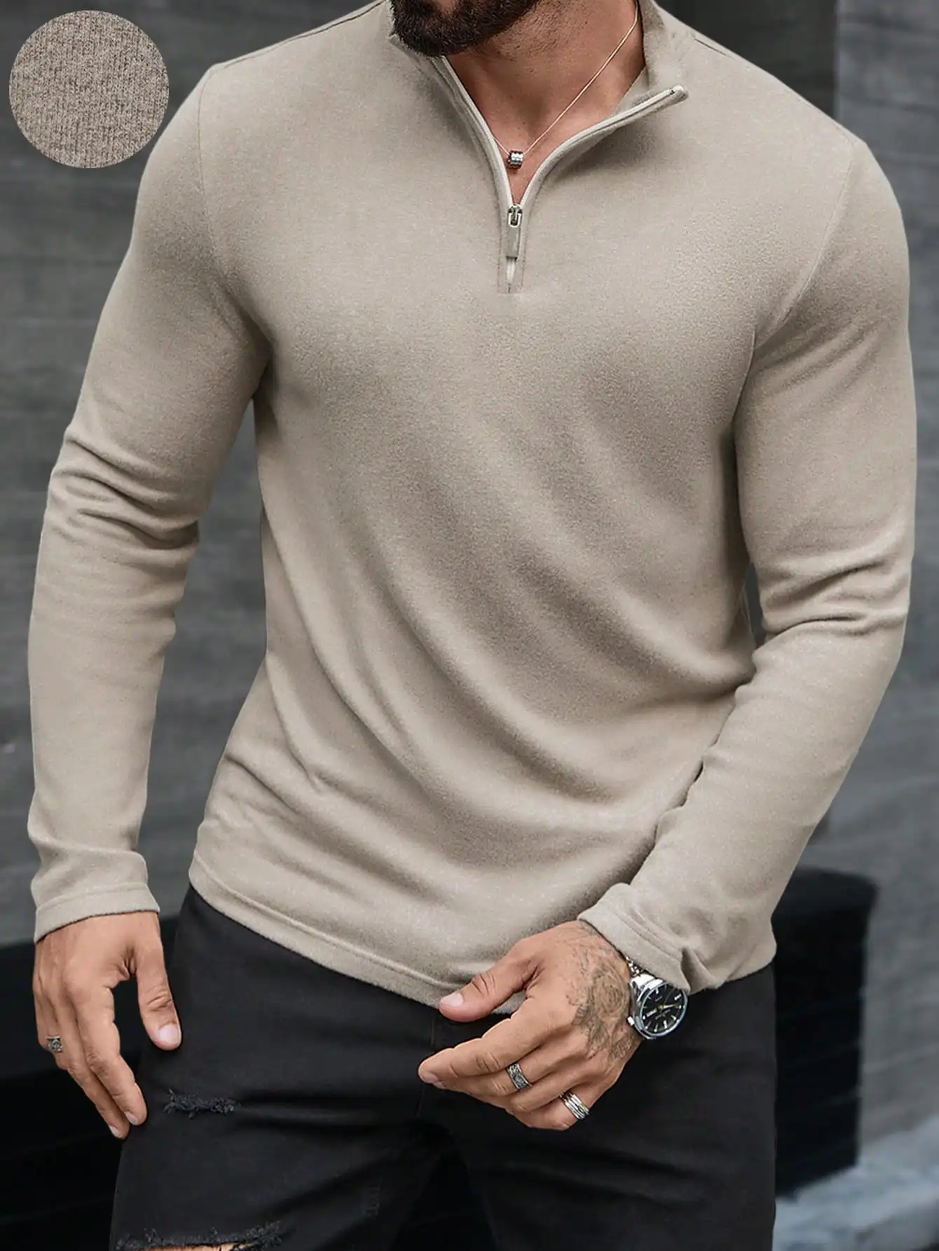 

Мужской бежевый вязаный пуловер с длинным рукавом и молнией до середины груди - повседневный, приталенный, для ежедневной носки