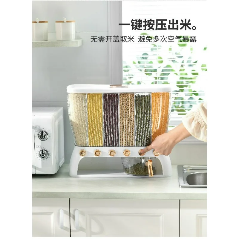 6 Grids Grain Rice Dispenser with Measuring Cup, Transparent Press-Type Funnel, 22lbs Capacity, Kitchen Storage