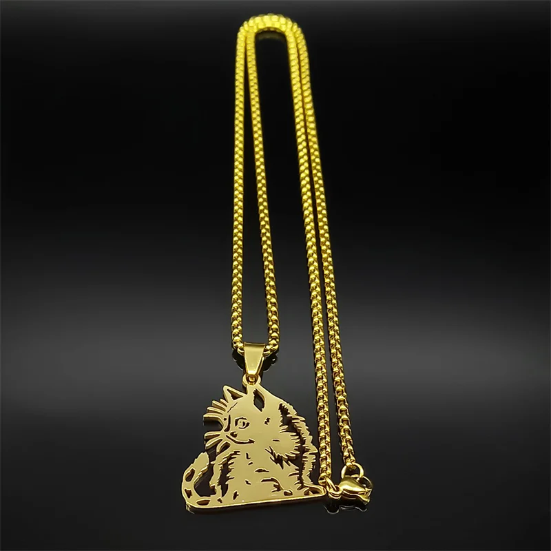 Siamesische Kätzchen Katze Anhänger Halskette Für Frauen Männer Edelstahl Gold Silber Farbe Hohl Kitty Tier Liebhaber Kette Schmuck – Detail 8