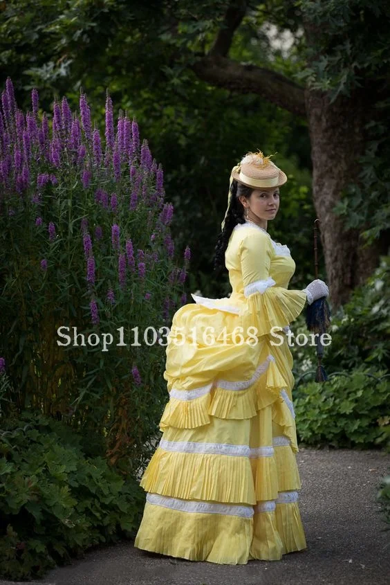 Vintage Victorian Evening Dress Lemon Yellow with Train Corset Corset Lace Ruffles Civil War Walking Vestidos De Fiesta