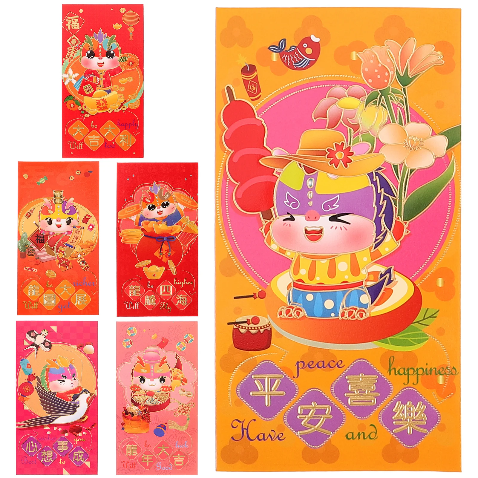 

6 шт. красных конвертов к Китайскому Новому году 2024, с тематикой Дракона, бумажные карманы для денег, благословения и удачи, сувениры для вечеринок в честь года Дракона