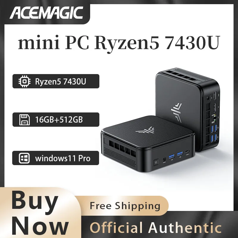 ACEMAGIC E3B Mini PC Procesor AMD Ryzen 5 7430U 16GB DDR4 512GB M.2 2280 SSD Lekki i przenośny Wifi6 BT5.24K@60HzUHD