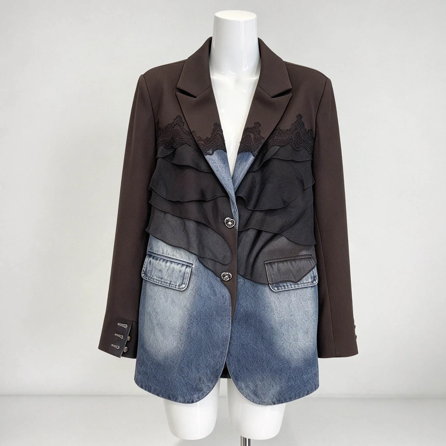 SuperAen Retro Patchwork Denim Blazer for Women Lace Ruffles Contrasting Colors Loose Design Office Lady Coats