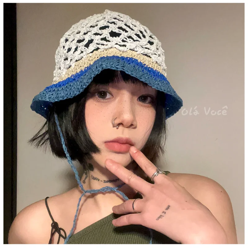 Mori Girl Bucket Hat Japanese Hand-woven Hollowed-out Contrasting Fisherman\'s Cap Sweet and Cute Lace-up Straw Beach Caps