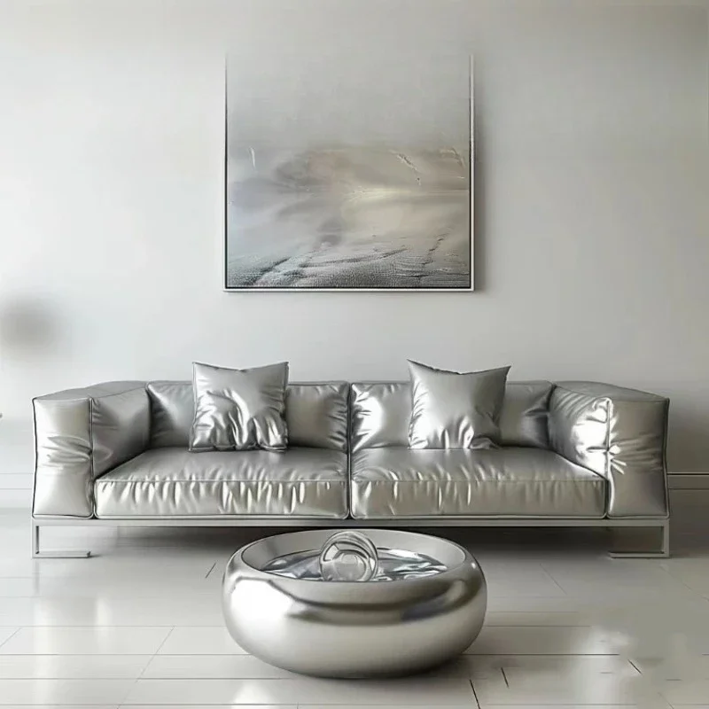 

Minimalist future punk style niche designer studio store lobby silver pearlescent leather sofa