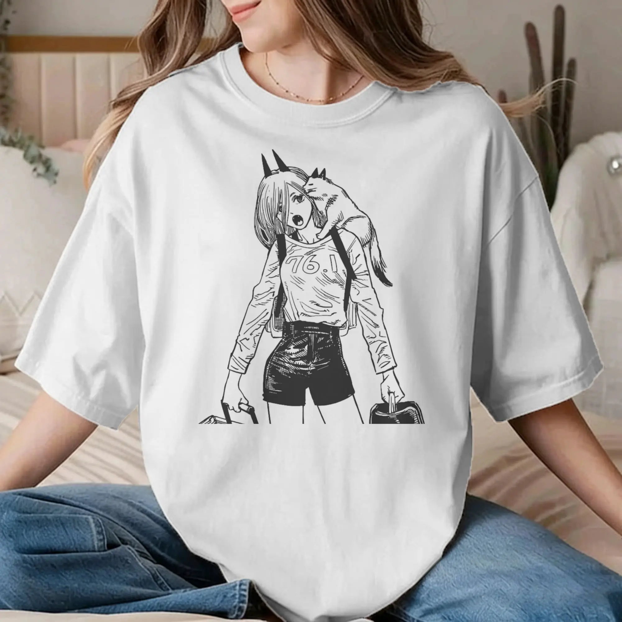 Men Women's T-Shirts Power and Cat Funny Cotton Tees Short Sleeve Chainsawmans Denji Devil Anime T Shirts Tops New Arrival