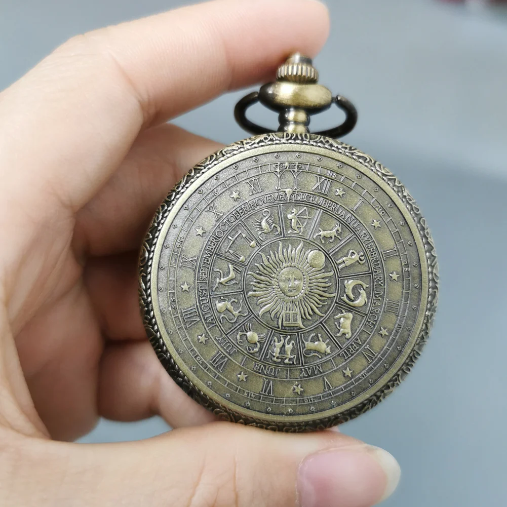 Gothic Vintage 12 Constellations Bronze Quartz Pocket Watch Retro Fob Chain Birthday Gift Pocket Timepiece Gifts Men Women