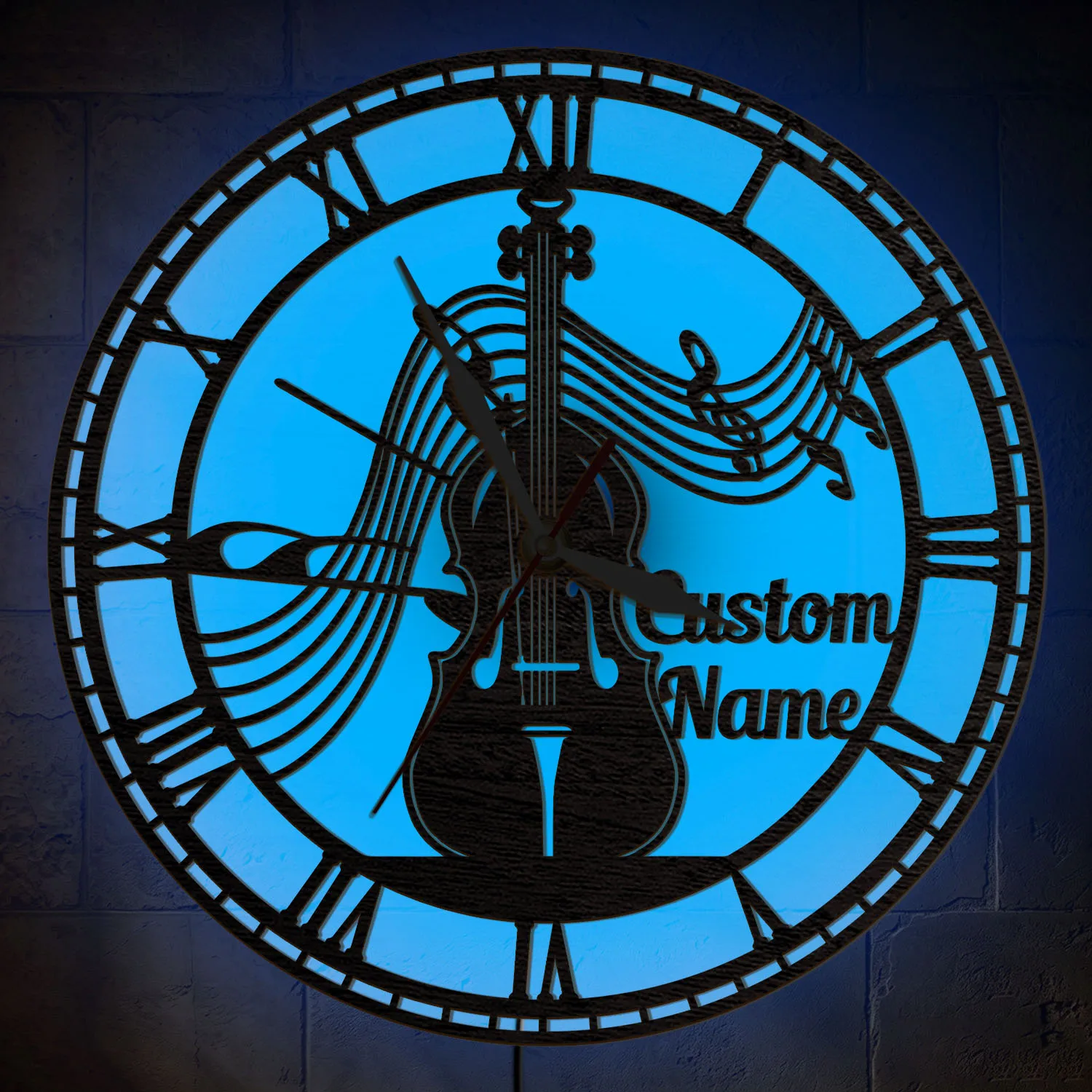 Personalized Cello Music Note Wood Wall Clock For Music Room Studio Customized LED Backlight Wall Clock For Classical Music Fans