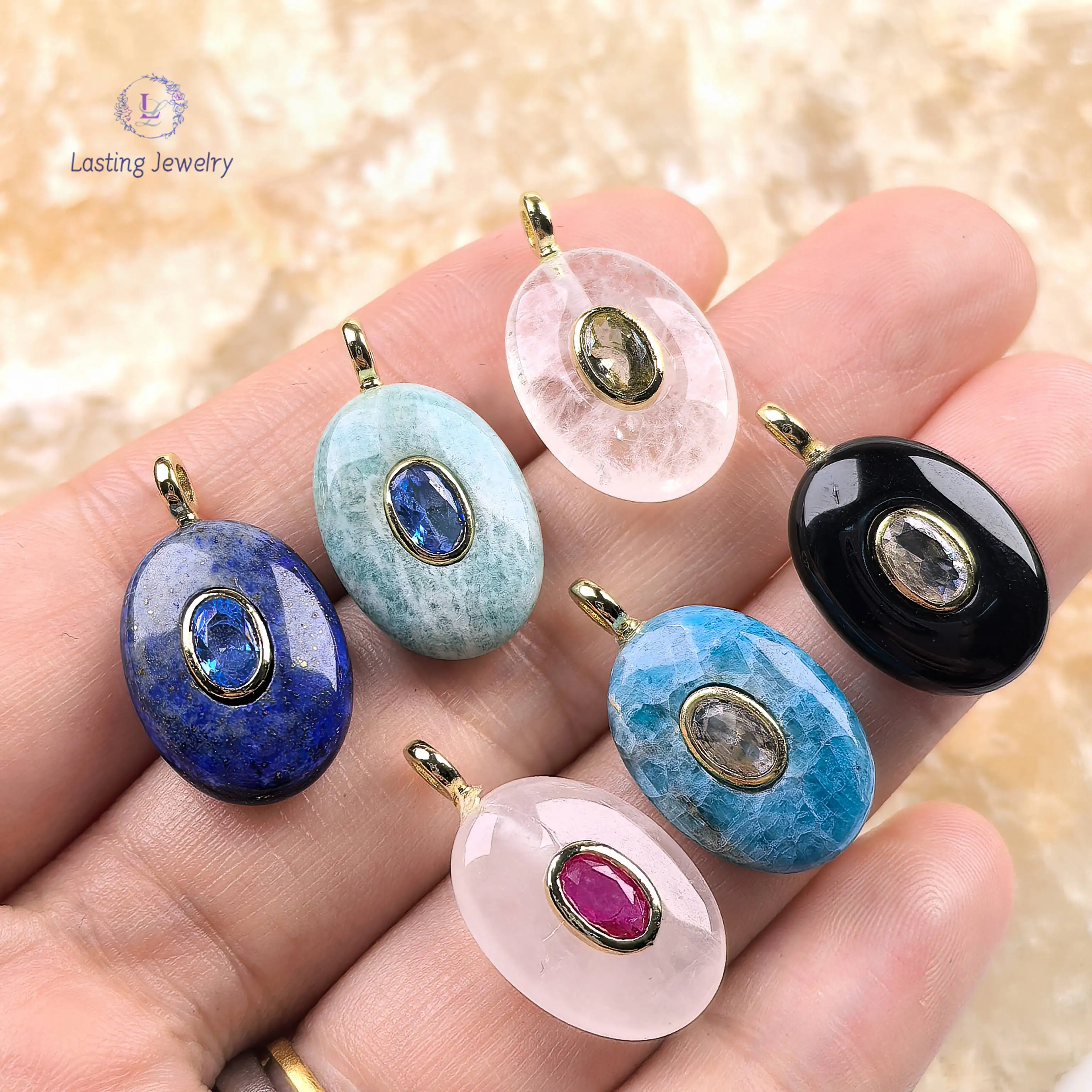 

13x18mm Oval Gemstone Crystal With Inlaid Zircon Charms,Apatite Lapis Rose Quartz Obsidian Pendants For Necklace Jewelry Making