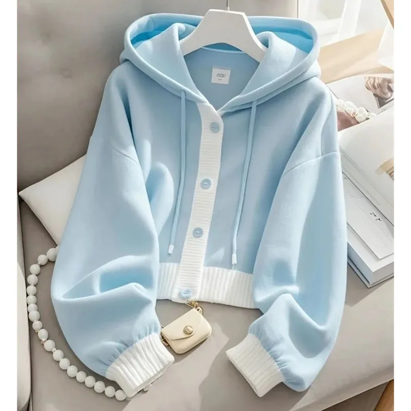 Lazy Wind Femme Hooded Sweatshirts Jacket Autumn Winter Women Patchwork Cardigan Hoodies Advanced Ladies Loose Blue Top Coat