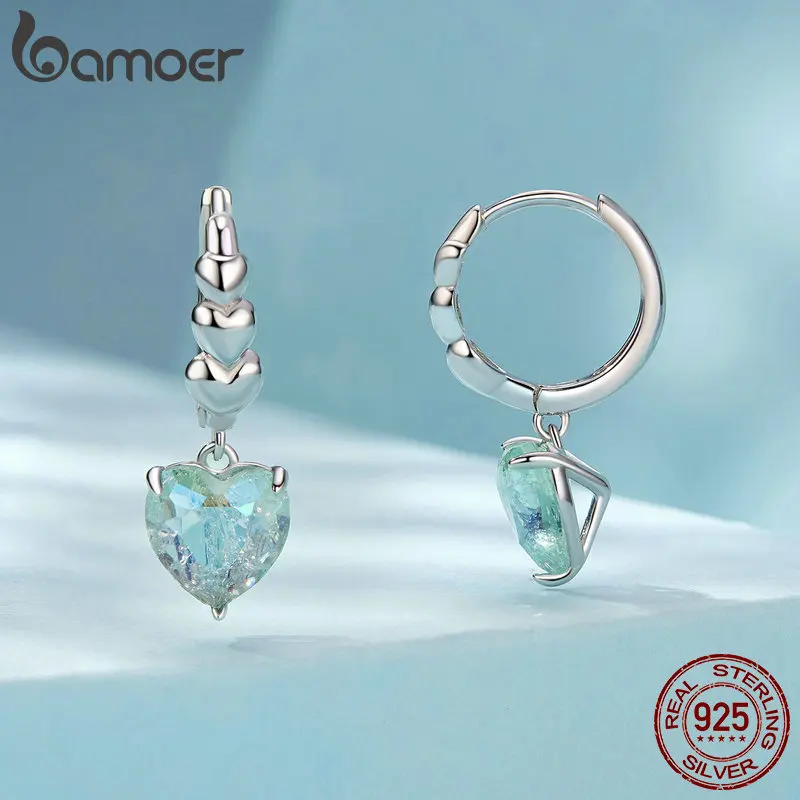 Bamoer 100% Real 925 Sterling Silver Blue-green Zircon Heart Drop Earrings Hoop Earrings for Women Luxury Wedding Jewelry Gifts